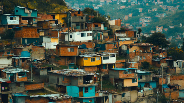 A South American hillside neighborhood with dilapidated houses and residents improvising with makeshift repairs.
