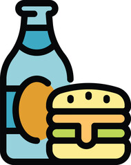 Simple colorful icon of a bottle of beer standing next to a tasty burger