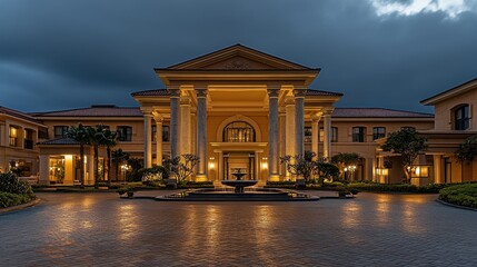 Obraz premium Elegant building facade illuminated at dusk, showcasing architectural grandeur.