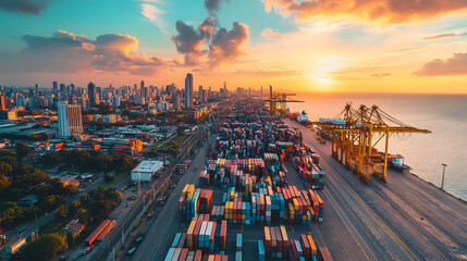 A South American port city with shipping containers piling up cranes unmoving indicating a halt in trade.