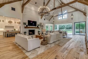 Big bright luxury modern farmhouse open concept great room with high ceiling, fireplace and white oak wood floors in an upscale home interior design.