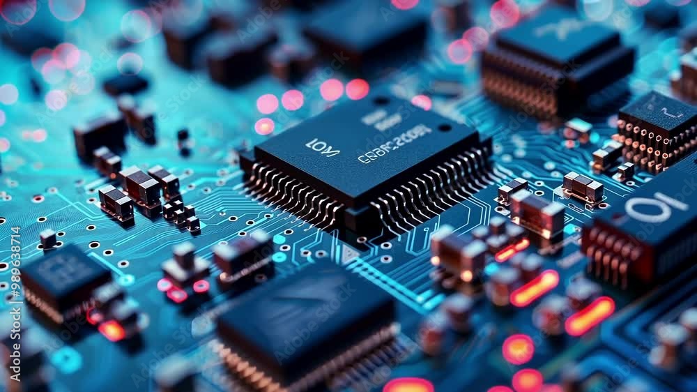Poster the complex electronic circuit board is glowing with activity as data flows through its many compone