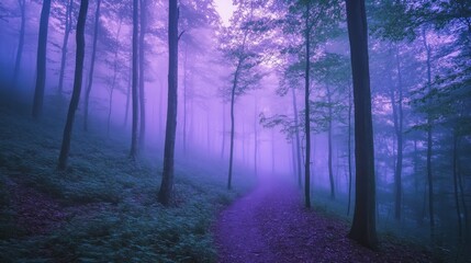Obraz premium A misty forest path enveloped in purple hues, creating a serene and mystical atmosphere.