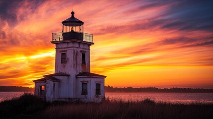 A weathered lighthouse stands against a vibrant sunset over calm waters.