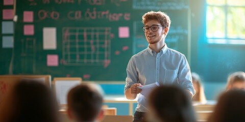 Teacher engaging students in math using visual aids, classroom setting with a softly blurred background for focus on instruction