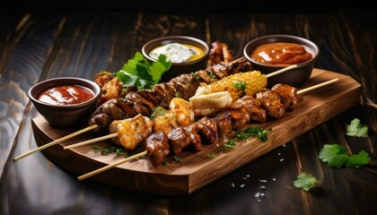 The image shows delicious shish kebabs on skewers grilling over a fire, featuring a mix of meats like chicken, pork, and beef, with vibrant vegetables like tomatoes and peppers