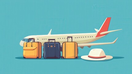 Fototapeta premium Vacation Mode: Cheerful 2D Vector Illustration of Parked Plane with Luggage and Hat on Blue Background, Perfect for Travel Promotion