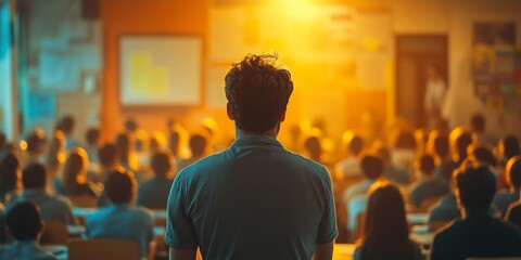 Teacher engaging students in an interactive classroom setting, focused on learning, with attentive pupils in soft focus behind.