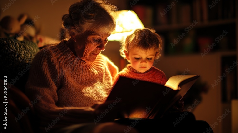 Sticker A warm moment of reading between a grandmother and a child in soft lighting.