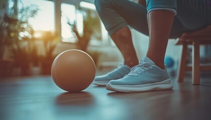 Physical rehabilitation exercises with a therapist helping a patient recover, supportive environment, sharp focus, soft lighting