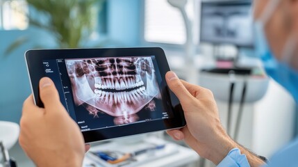 A dentist holding a digital tablet displaying a detailed dental X-ray image, set in a clinical environment, representing precision, care, and modern medical technology in dentistry.