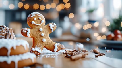 A gingerbread man with white icing stands in a kitchen adorned with holiday decorations, adding a touch of festive joy to the cozy and inviting winter atmosphere.