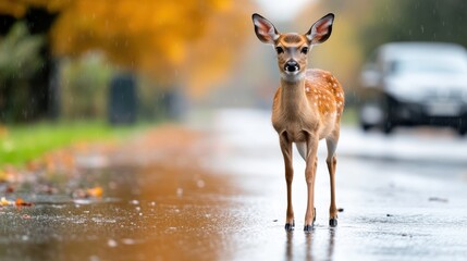 A young deer stands still on a wet road surrounded by vivid fall foliage while a car approaches, embodying the blend of wilderness and modernity in a serene rain.