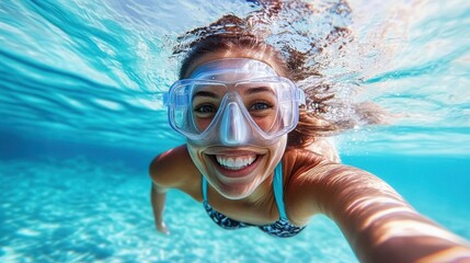 Naklejka premium A joyful woman swimming underwater, grinning widely while wearing a snorkel mask in clear, turquoise waters, depicted with vibrant color and detail.