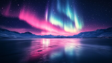 Naklejka premium The sky is filled with auroras and stars. The auroras are blue and green and are seen in the sky above the water.