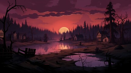 Eerie Sunset Over an Abandoned Woodland Village