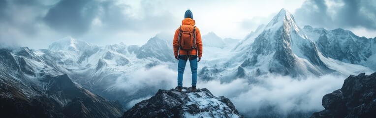 Fototapeta premium Lone climber standing on snowy mountain peak under a dramatic twilight sky