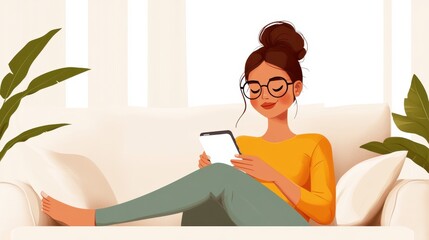 A woman lounges comfortably on a couch, reading from her tablet device in a cozy and minimalist room, with soft lighting and green plants adding a touch of nature.