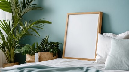 A cozy bedroom with a minimalist design features a large blank framed poster on a teal wall, surrounded by lush green plants, creating a relaxing and refreshing atmosphere.