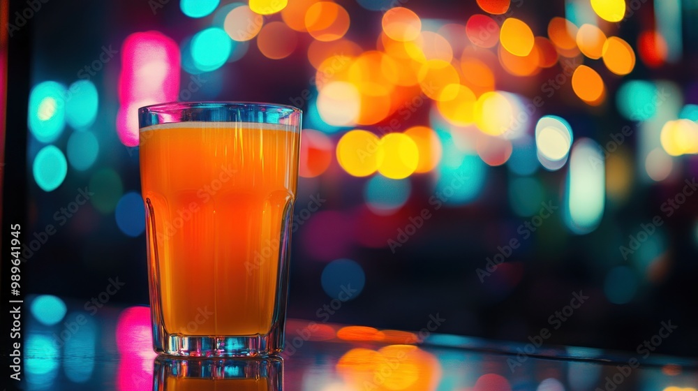 Sticker A glass of orange drink sits on a reflective surface, surrounded by colorful bokeh lights.