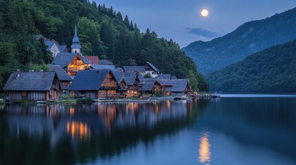 Fototapeta premium Serene lakeside village under a full moon, reflecting in calm waters.