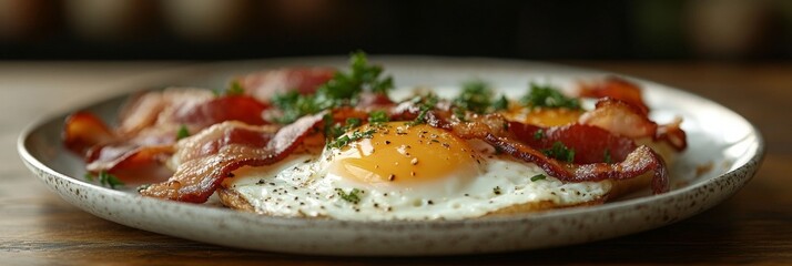 Traditional breakfast of eggs and bacon served on a plate, softly blurred kitchen ambiance in the background