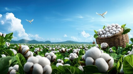 Serene Cotton Field Harvest - Illustration of Nature and Industry Harmony with Cartoon Birds and Copy Space for Text