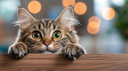 This image shows a kitten peeking curiously over a wooden ledge. The kitten, focused and wide-eyed, embodies curiosity and the playful nature of young pets.