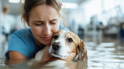 A devoted veterinarian lovingly embraces a dog while both stand in knee-high flood water, demonstrating the strong connection and mutual support amid adversity.