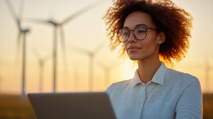 An engineer in glasses attentively examines data on a laptop amidst wind turbines during sunset, symbolizing the synergy of technology and sustainable energy.