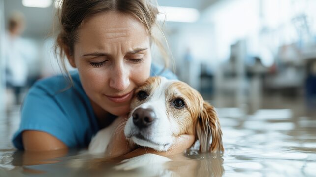 A devoted veterinarian lovingly embraces a dog while both stand in knee-high flood water, demonstrating the strong connection and mutual support amid adversity.