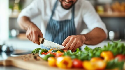 A smiling chef is enthusiastically chopping a colorful array of fresh vegetables on a wooden board, displaying his culinary skills and preparing a healthy gourmet meal in a modern kitchen.