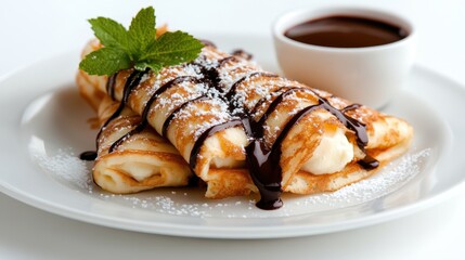 Two gourmet crepes filled with a creamy filling, drizzled with rich chocolate sauce and garnished with mint leaves, are served on a white plate, making for an irresistible dessert.