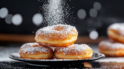 A delightful arrangement of donuts stacked on a dark plate, with powdered sugar being dusted over them, showcasing their sweetness and artistic presentation.