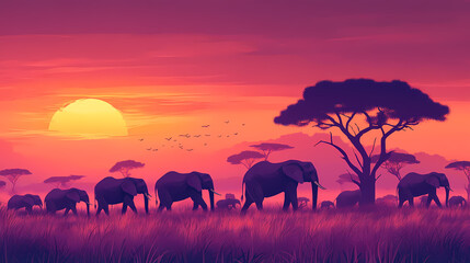 Obraz premium Migration of elephants. herd of elephants. evening in the african savannah. Savannah Grasslands. Illustration