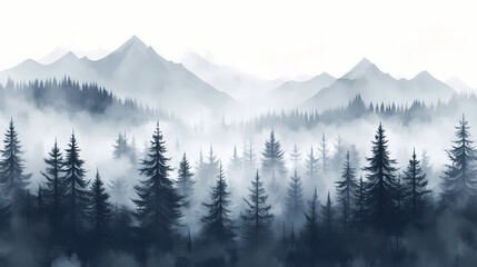 Obraz premium Misty forest in a bleak landscape with foggy mountains and fir trees. generative ai. Foggy Forest. Illustration