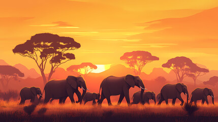 Fototapeta premium Migration of elephants. herd of elephants. evening in the african savannah. Savannah Grasslands. Illustration