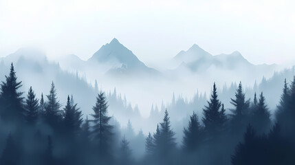 Obraz premium Misty forest in a bleak landscape with foggy mountains and fir trees. generative ai. Foggy Forest. Illustration