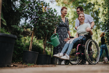An inclusive group featuring a boy with Down syndrome, a girl in a wheelchair, and an elderly woman enjoying a stroll in a garden, sharing moments of joy and friendship.