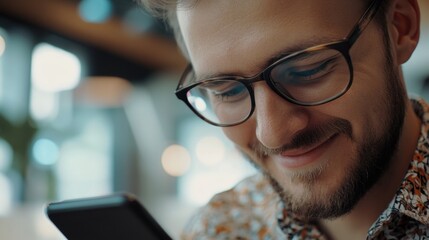 Happy Man Smiling at Phone