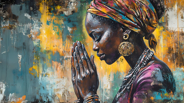 Mixed media artwork depicting an african woman in prayer, encompassing elements of urban street art with a variety of textures, colors, and techniques. Street Art. Illustration