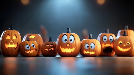 A group of seven illuminated Jack-o'-lanterns with various cheerful and expressive carved faces, set against a blurred background, capturing the festive Halloween spirit.