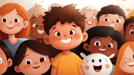 This image features a diverse group of children smiling cheerfully together, capturing a sense of happiness and community in a colorful, animated style.