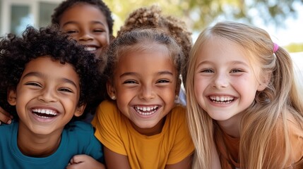 A group of five children gleefully smiling at the camera, wearing brightly colored t-shirts as they enjoy a sunny day, showcasing youthful energy and friendship.