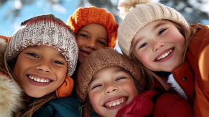 Four children dressed in colorful knit hats and winter coats, exude warmth and happiness as they enjoy a fun-filled day in the snowy outdoors together.