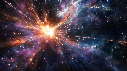 Fototapeta premium Interstellar Scene of Dark Nebulae and Cosmic Rays with a Pulsar Beaming Light and a Distant Hypernova