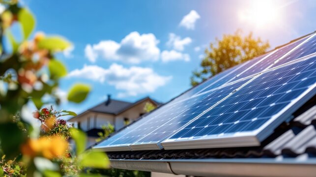 Rooftop solar panels are seen glistening under the bright sun, effectively generating renewable energy. Landscape showcases modern sustainable energy solutions in a residential area.