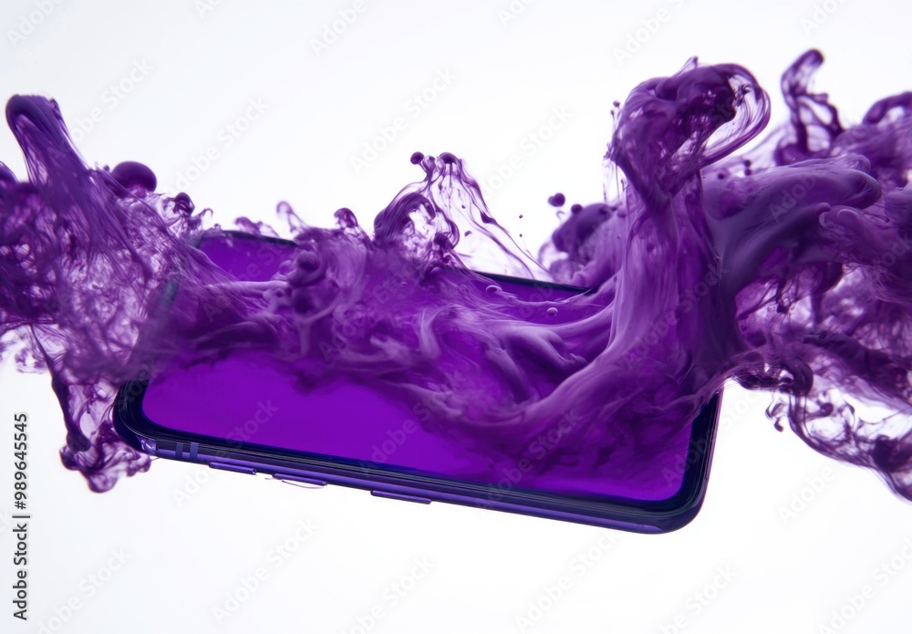 Poster purple liquid surrounding a phone on a white background with purple color scheme.