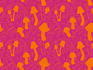 Cartoon autumn harvest seamless Halloween mushrooms pattern