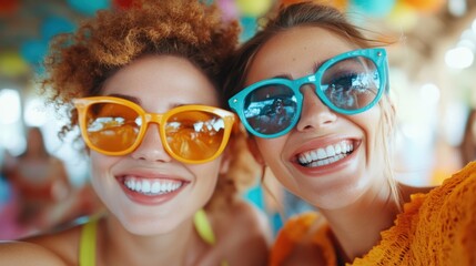 Two friends at a lively party wearing colorful sunglasses, joyfully posing for a photo. The dynamic colors and fun vibes capture the essence of youthful celebration.